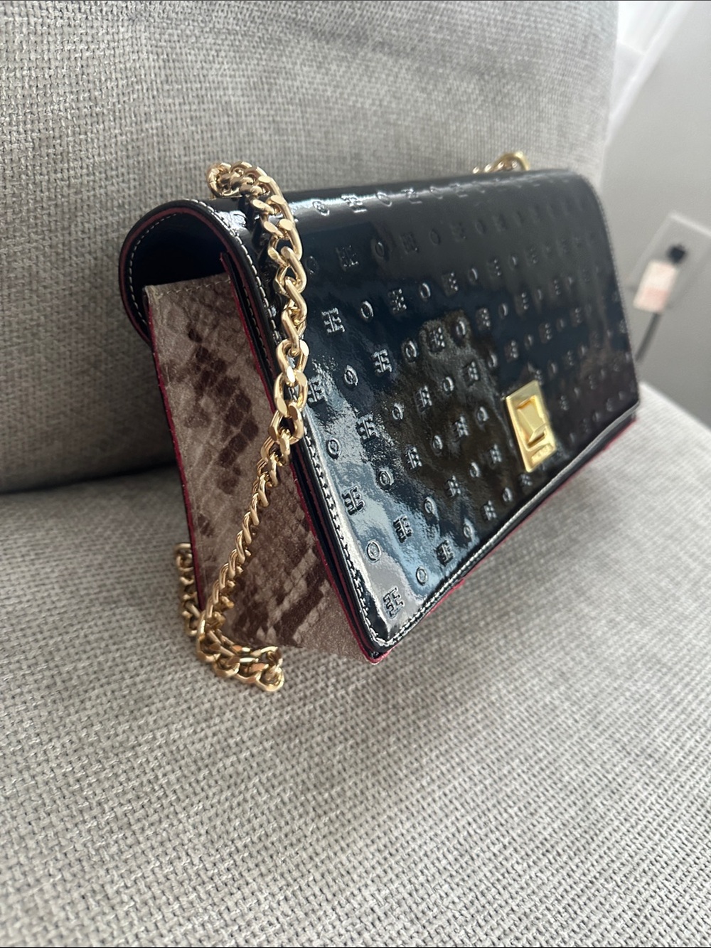 Arcadia Black Patent Leather & Brown Snake-Print Chain Shoulder Bag